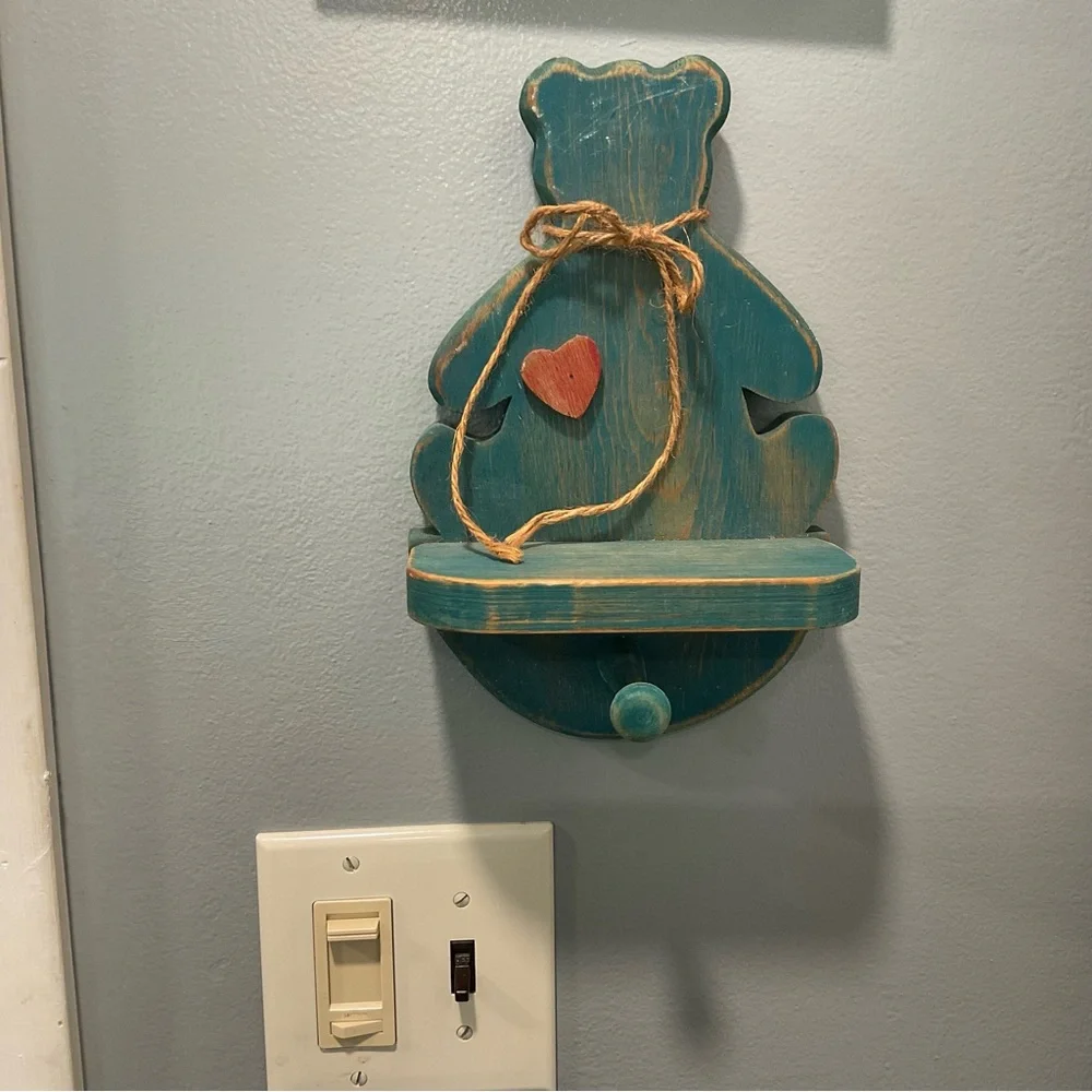 Vintage Teddy Bear Wall Shelf - 1980s Nursery Decor teal / blue wash
